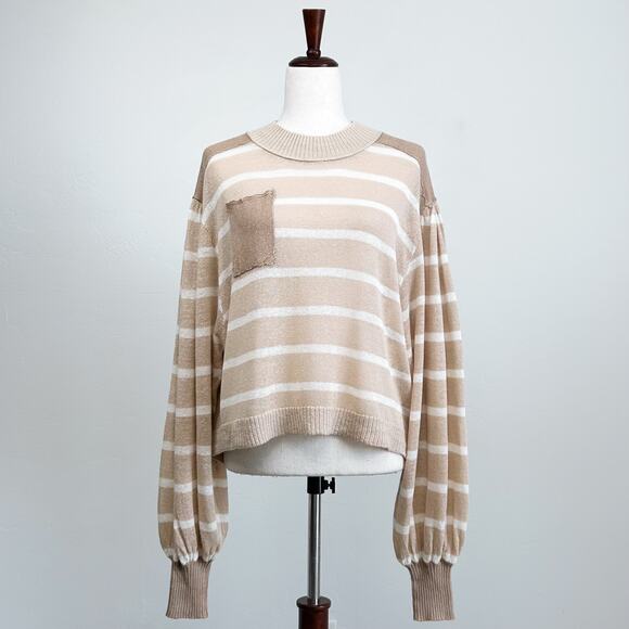 Free People Between The Lines Beige Linen Knit Balloon Sleeve Sweater - Picture 1 of 10